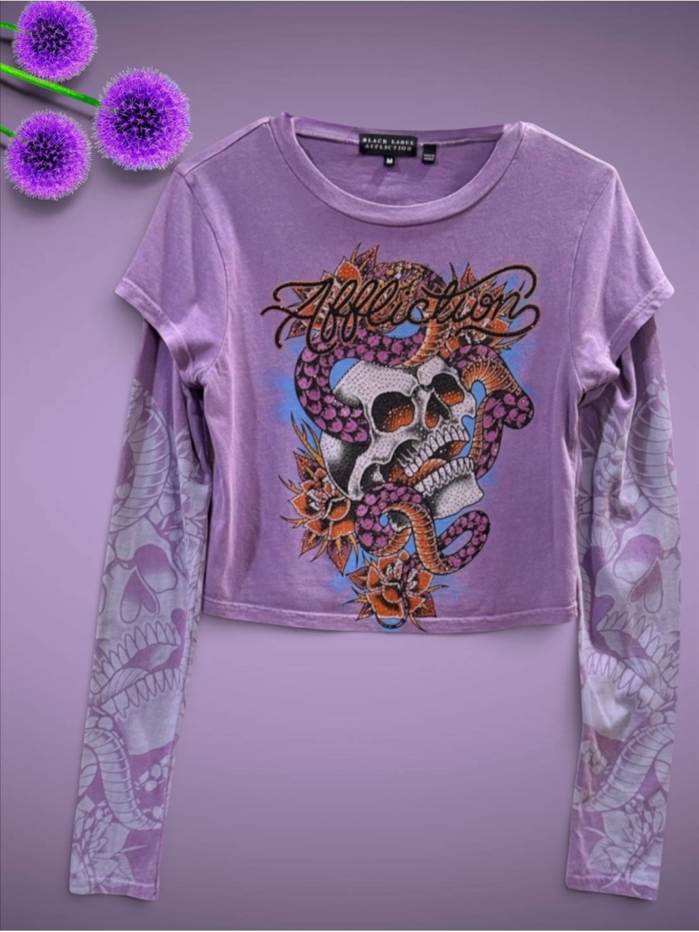 Affliction Black Label Vibrant Color Skull Women’s Long Sleeve Crop Top Size M